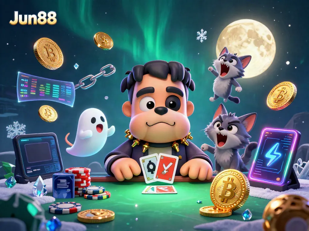 Experience lively betting action with Jun88, featuring a cartoon bulldog dealer and ghostly elements in vibrant colors.