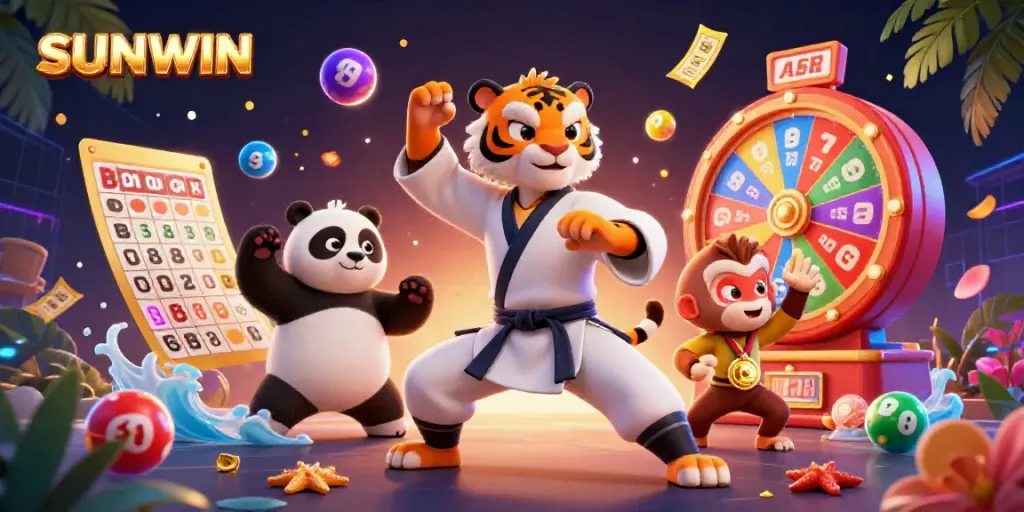 SUNWIN showcases a vibrant casino scene with a kung fu tiger master, panda disciple, and a monkey stealing a medal amidst dynamic gaming elements.