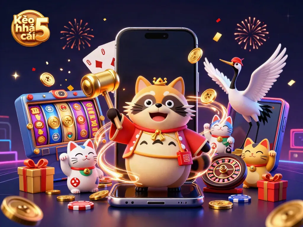 Engage with Kèo nhà cái 5 through a vibrant, interactive illustration showcasing unique sports betting characters.