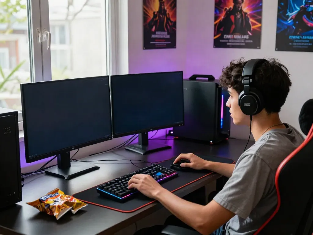 Player engaging with slot gacor games in a modern gaming setup, vibrant graphics on dual monitors.