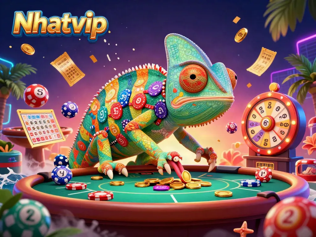 Nhatvip casino scene with a colorful chameleon character and vibrant lottery game elements.