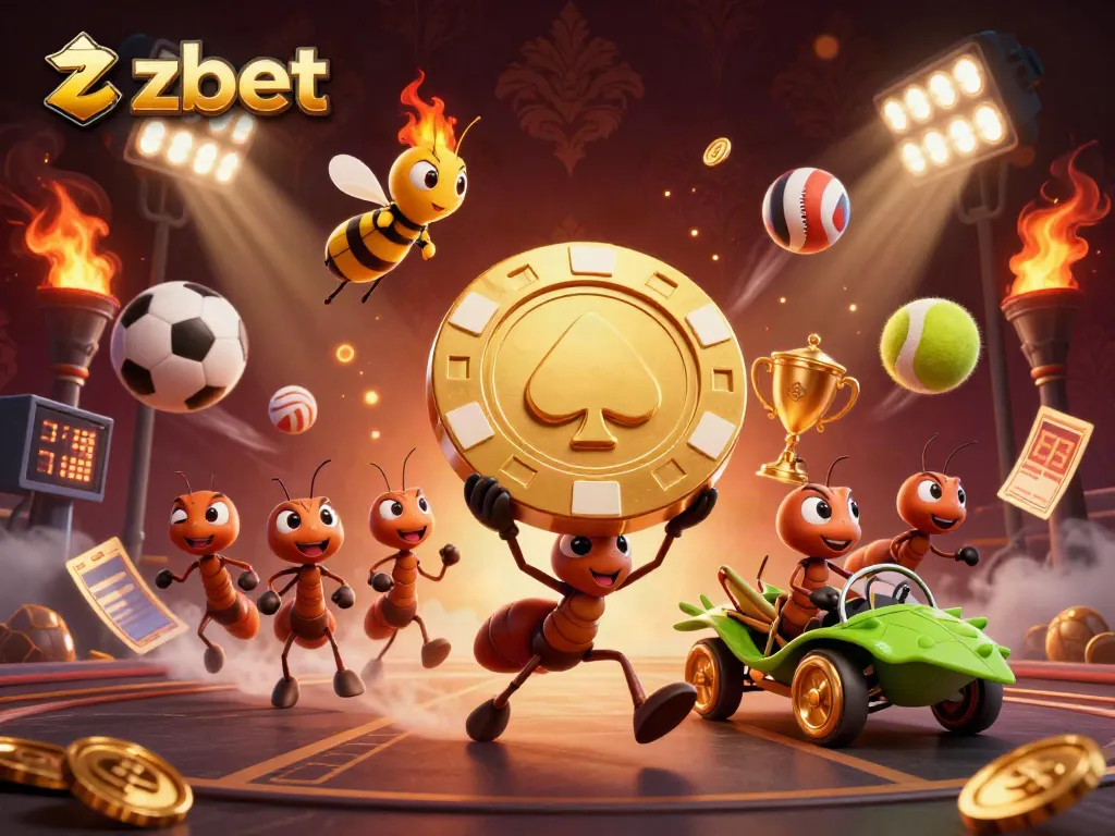 Join the action at zbet with a heist of ants carrying a giant poker chip in a vibrant casino scene.