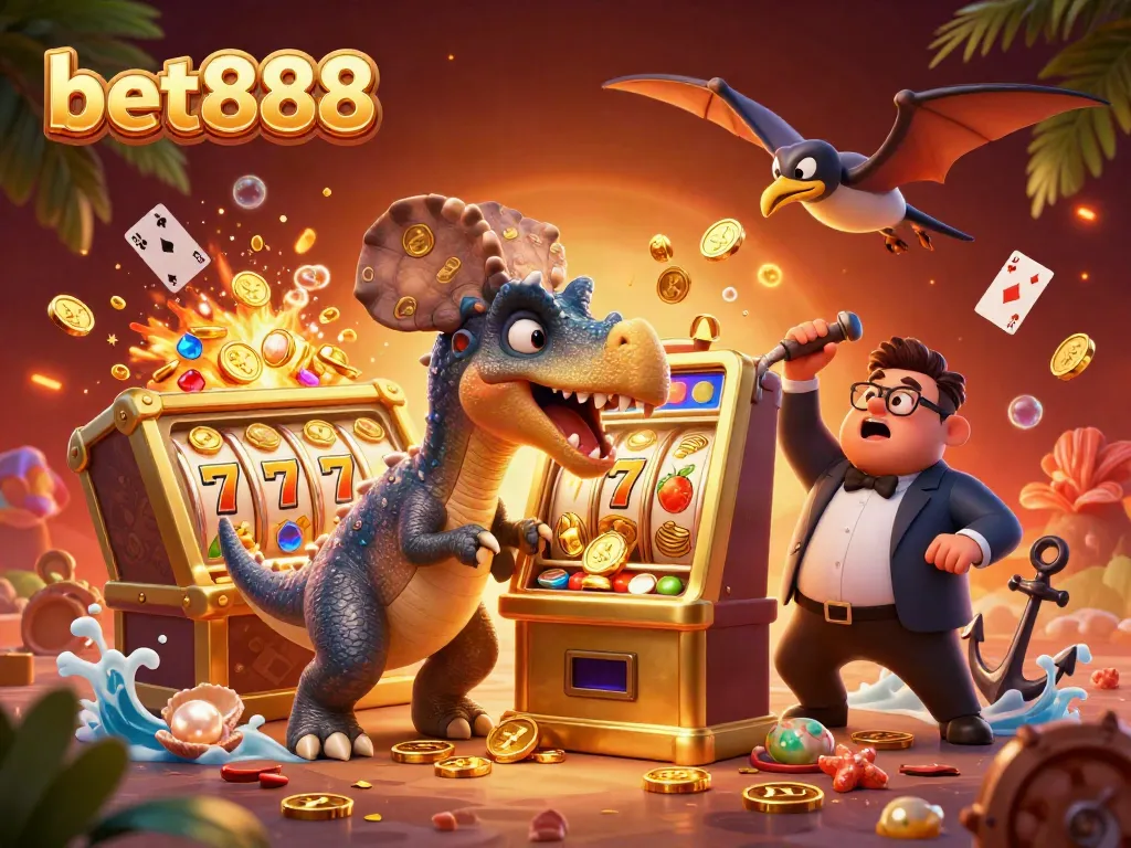 Experience excitement with bet888 as the pachycephalosaurus triggers a jackpot while the pteranodon catches coins.