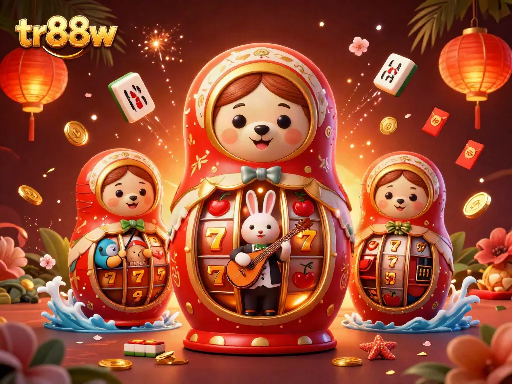 tr88w showcases a vibrant slot game scene with Matryoshka bears and festive elements.