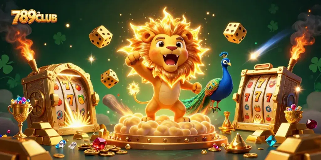 Experience the thrill of 789CLUB with a vibrant 3D illustration featuring a roaring lion and slot machine elements.