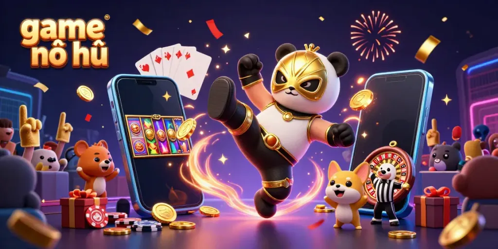 Experience game nổ hũ excitement with animated characters and vibrant casino elements in a colorful scene.