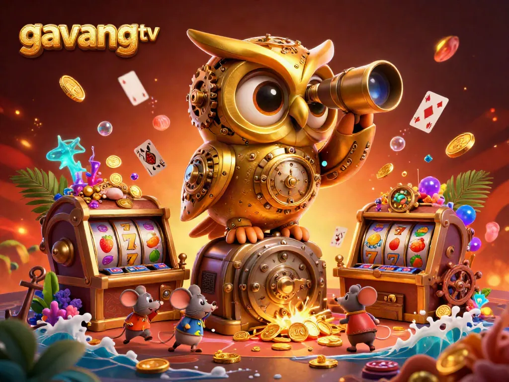Experience excitement with gavangtv as the golden owl surveys a colorful casino scene filled with treasures.