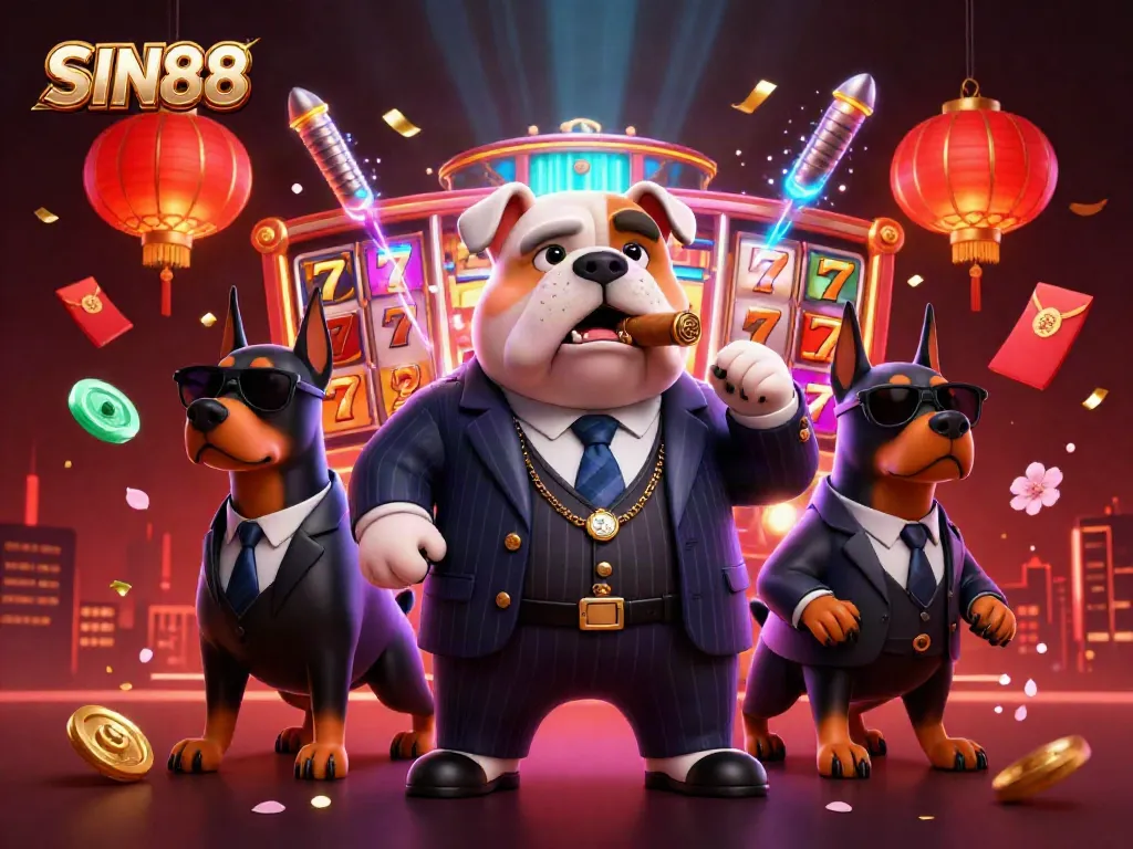 SIN88 features a mafia boss bulldog and bodyguard Dobermans amidst a vibrant casino scene, illustrating excitement.