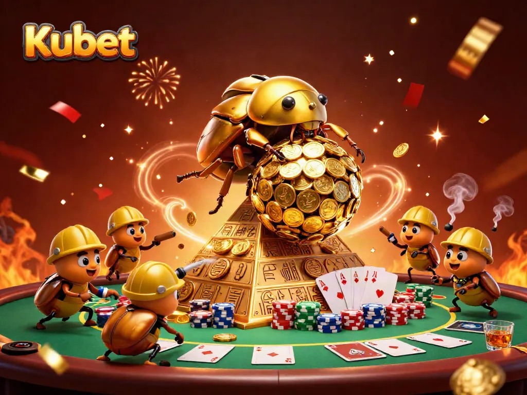 Kubet features a golden beetle rolling coins up a pyramid amid vibrant casino elements.
