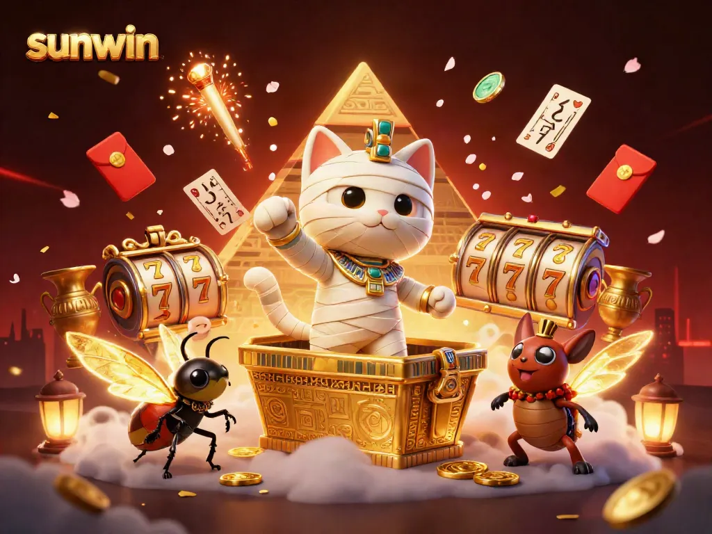 sunwin's vibrant casino scene featuring a mummy cat, scarab, and dynamic slot games