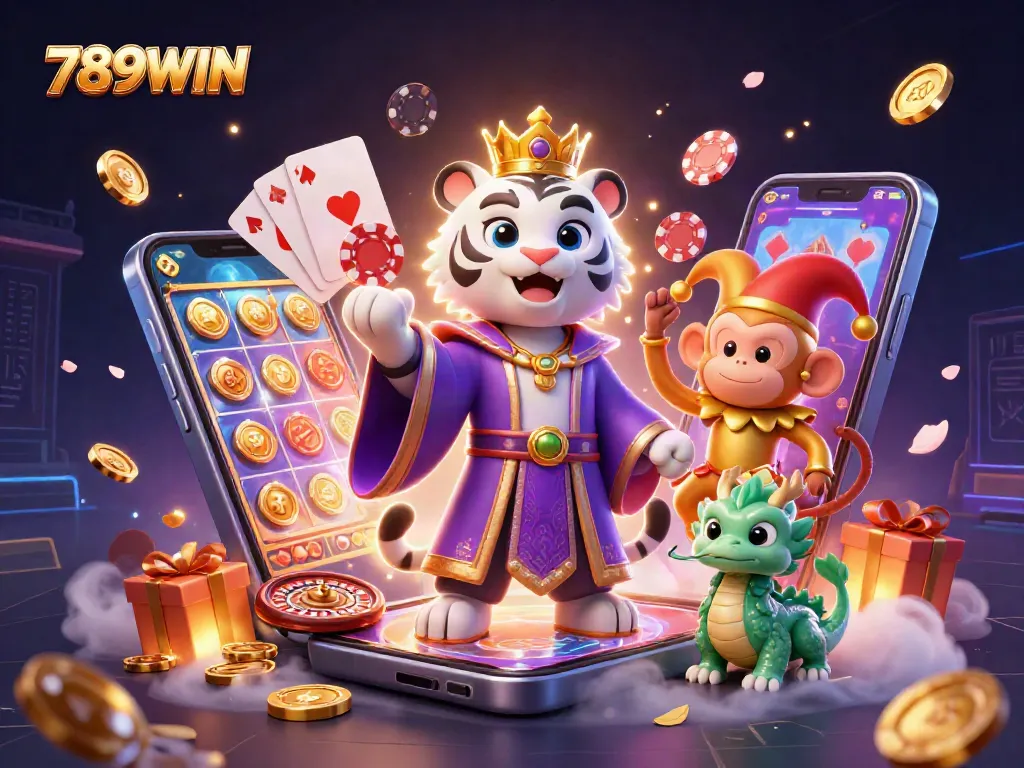 Engage in thrilling entertainment with 789WIN featuring a majestic white tiger and playful monkey juggling poker chips.