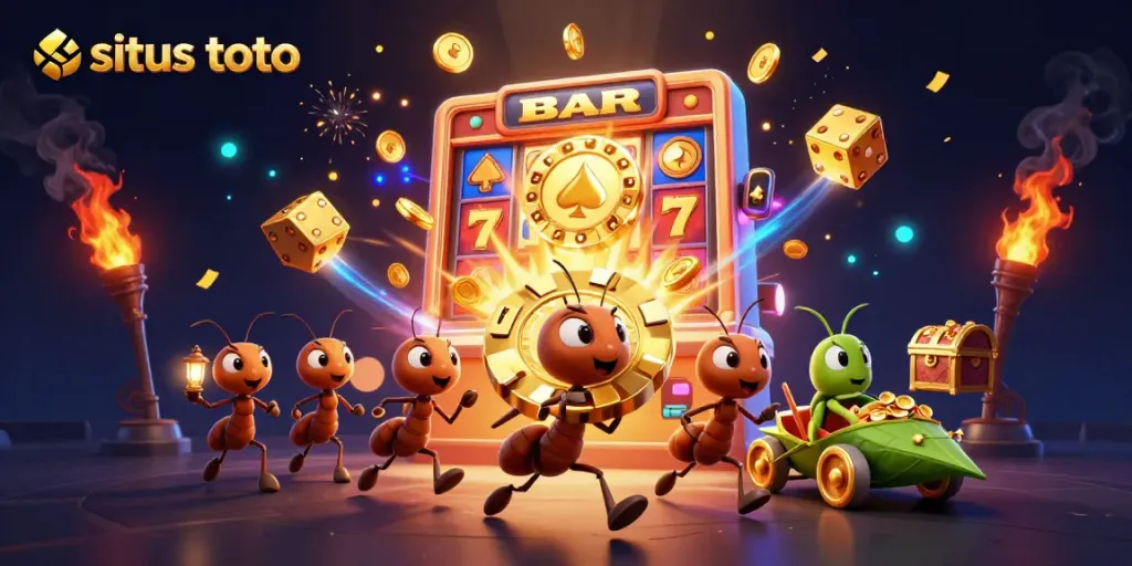 Situs toto heist scene with ants carrying a giant poker chip amidst colorful casino elements.