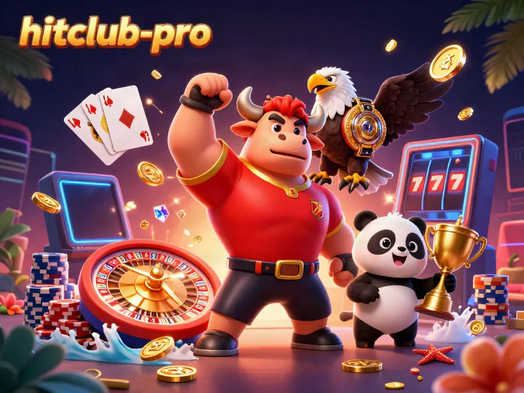 Engage in fun wins with hitclub-pro as characters celebrate gaming triumphs surrounded by casino elements.