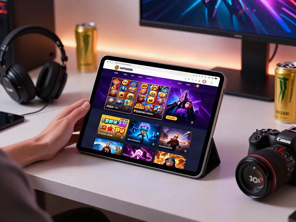 SAPPORO88 user navigating online gaming platform on tablet with vibrant graphics and accessories.