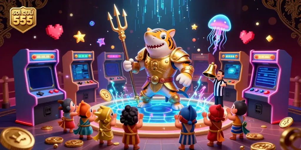 Soi cầu 555 showcases an underwater colosseum scene featuring a gladiator shark and game machines.