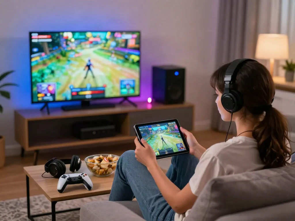 Engaging moment with a user enjoying garuda404 games on a tablet in a cozy living room.