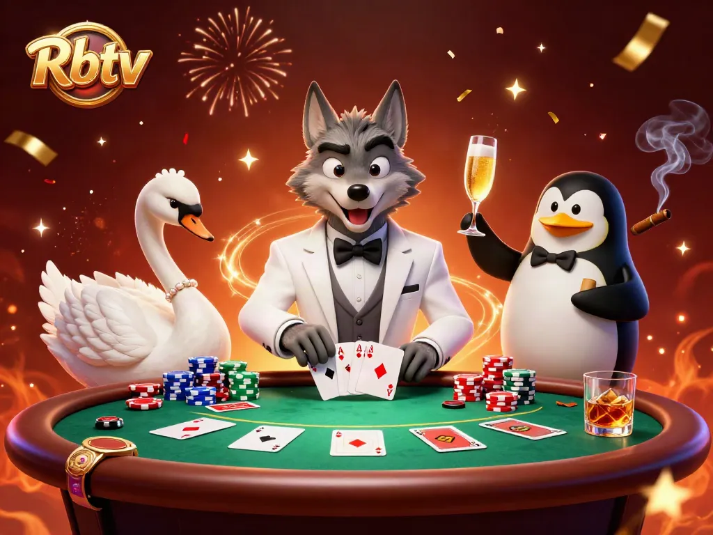 Gambarkan momen menang Rbtv dalam kasino dengan serigala, angsa, dan penguin di tengah chip poker.