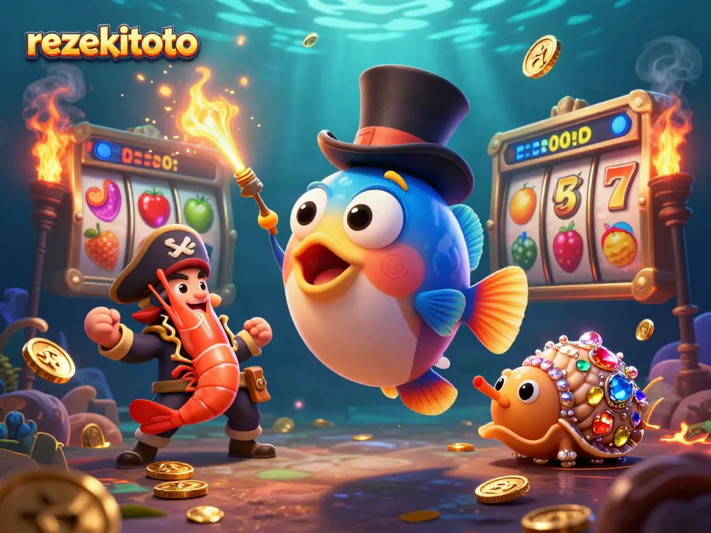 Engage in winning strategies with rezekitoto's vibrant 3D gaming illustration featuring gold coins and jackpot reels.