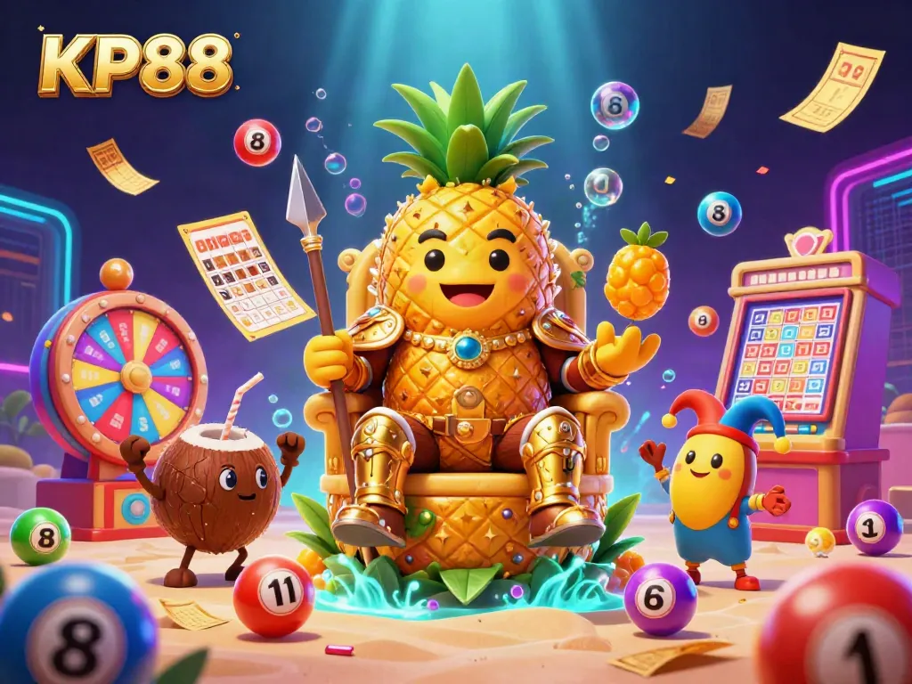Engage with KP88 at a vibrant casino scene featuring a pineapple king and playful elements for rich gaming.