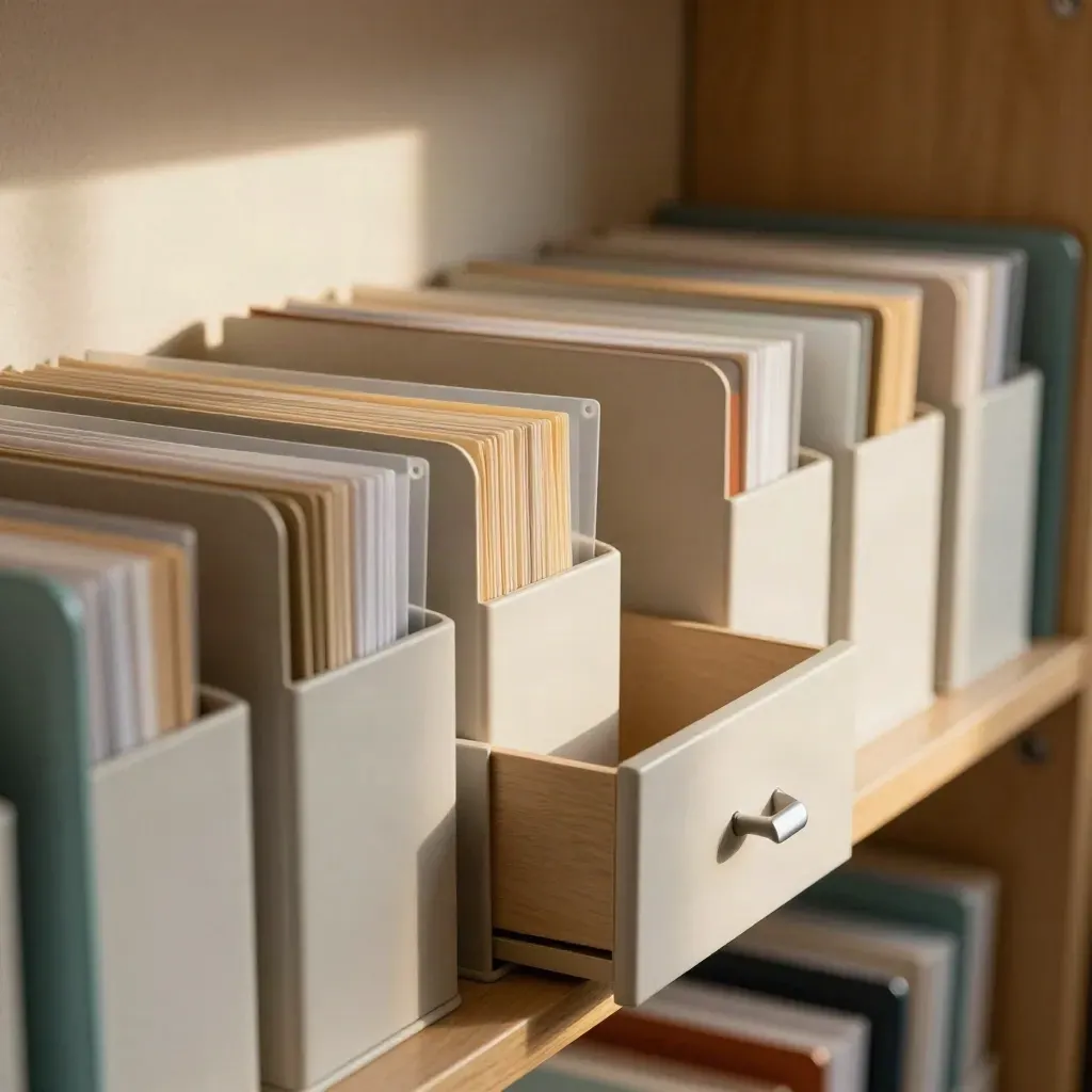 Modułowe pojemniki z folderami i materiałami kursów w półmroku biblioteki