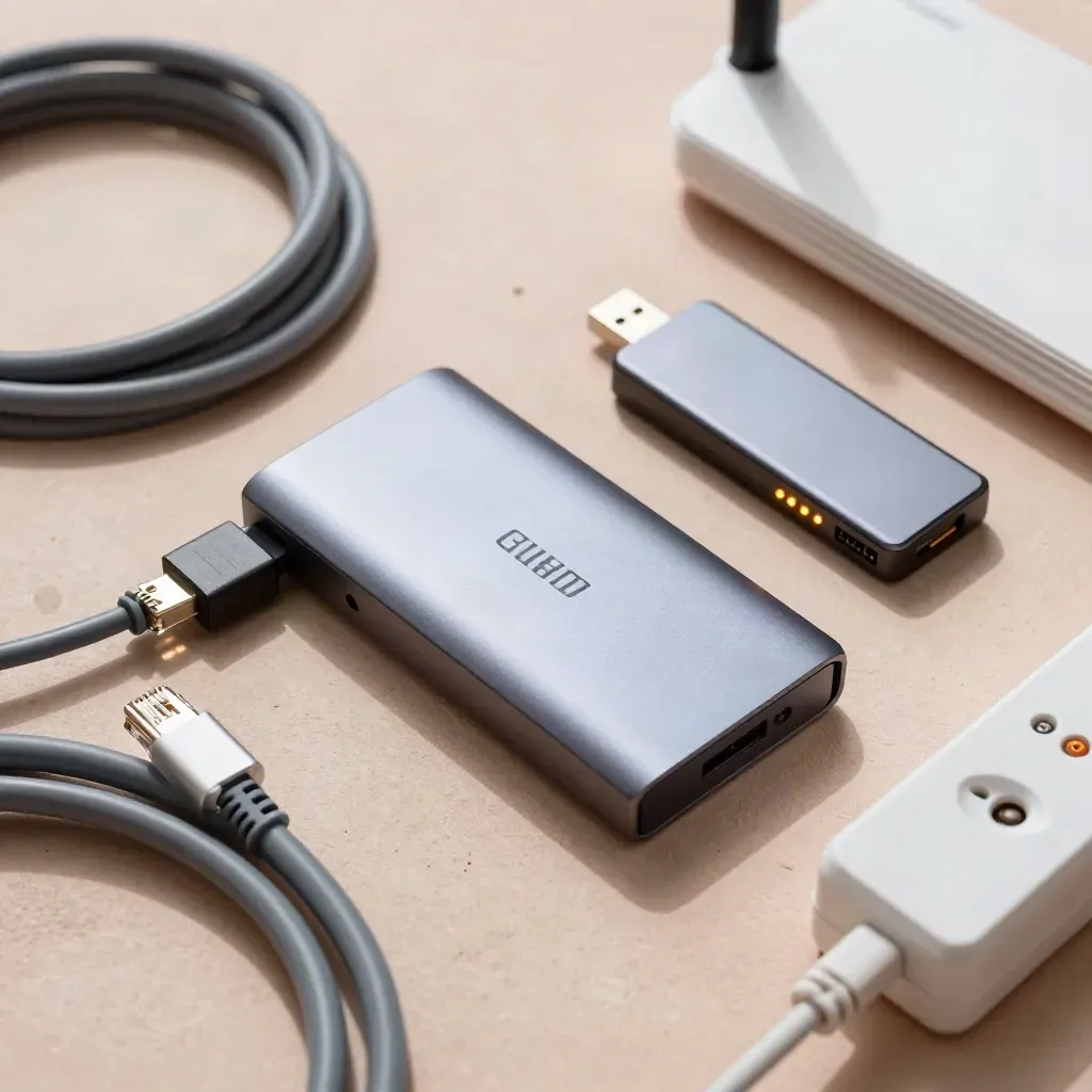 Z góry: kabel Ethernet, hub USB, SSD, router i listwa zasilająca na jasnym blacie.