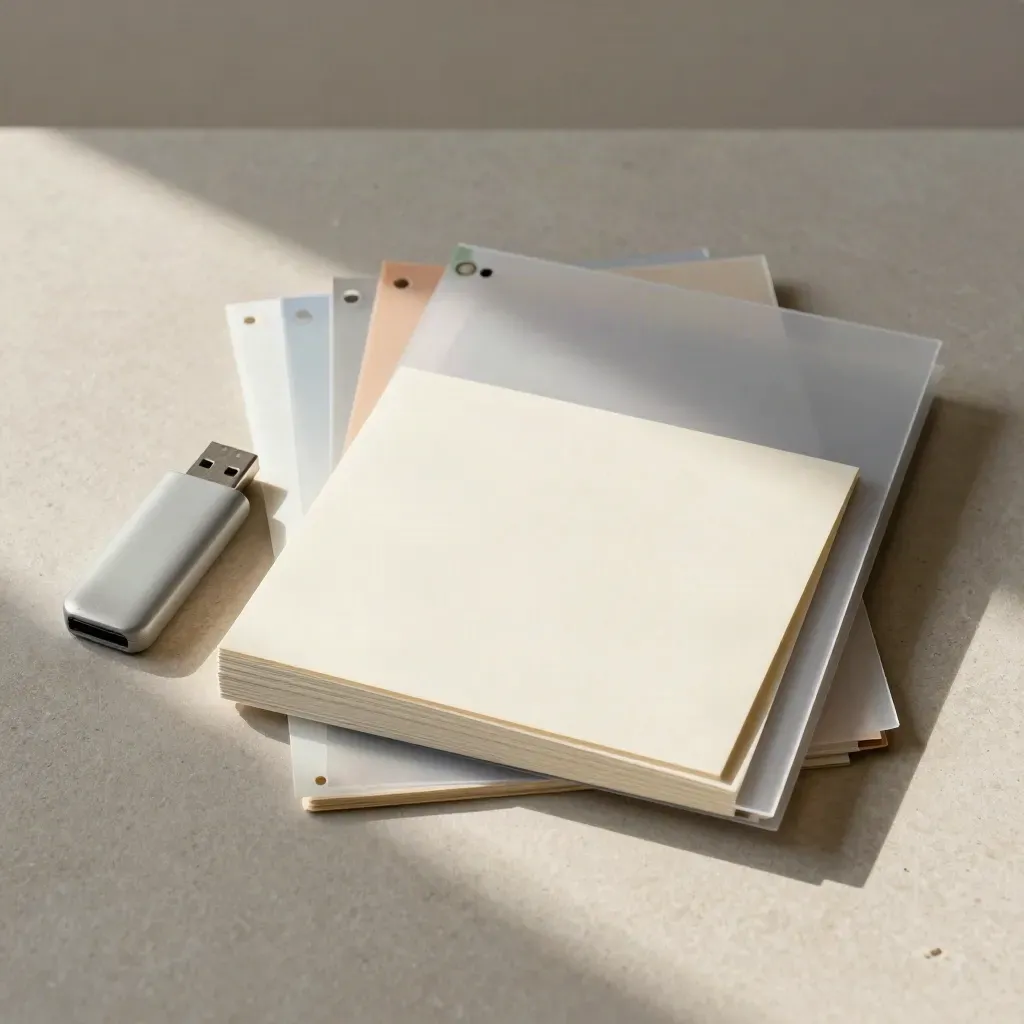 Flat lay kart, zakładek i pendrive’a na jasnym kamieniu, miękkie światło z boku.