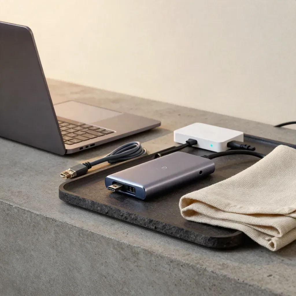 Zamknięty laptop, router i przewody na kamiennej tacy z delikatną diodą teal.