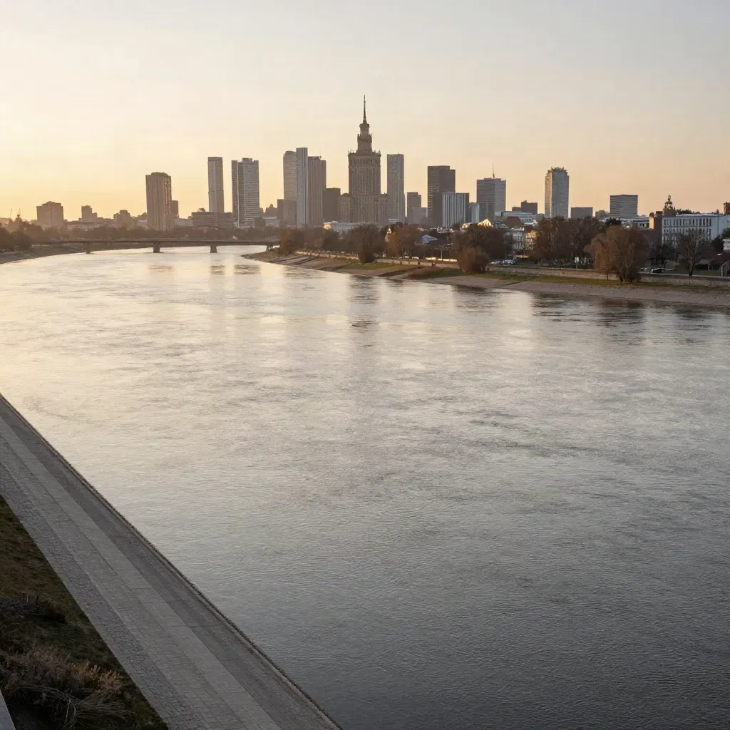 Panorama Warszawy nad Wisłą o złotej godzinie, z mgłą i spokojnym miejscem na napis