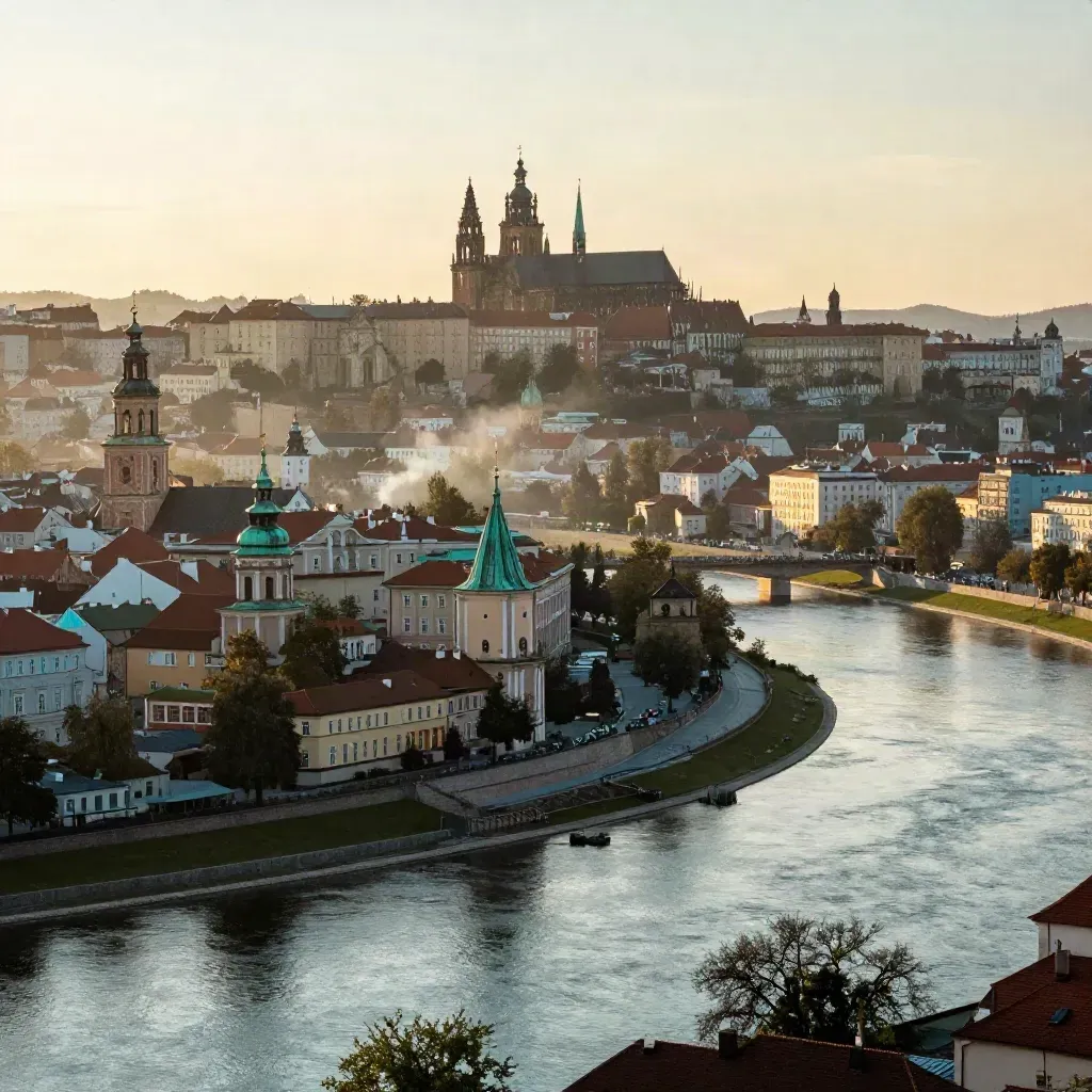 Kraków o zmierzchu nad Wisłą, z Wawelem i zamglonymi dachami Małopolski