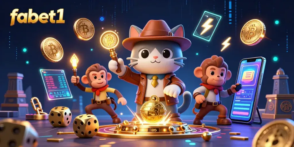 Experience fabet1's exciting casino adventure with a cartoon archaeologist cat discovering treasures.