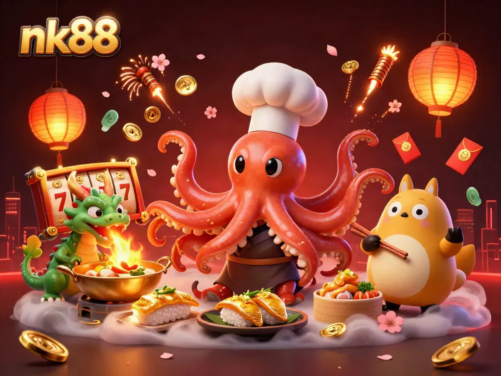 Win big with nk88 in this vibrant 3D casino scene featuring lucky symbols and engaging characters.