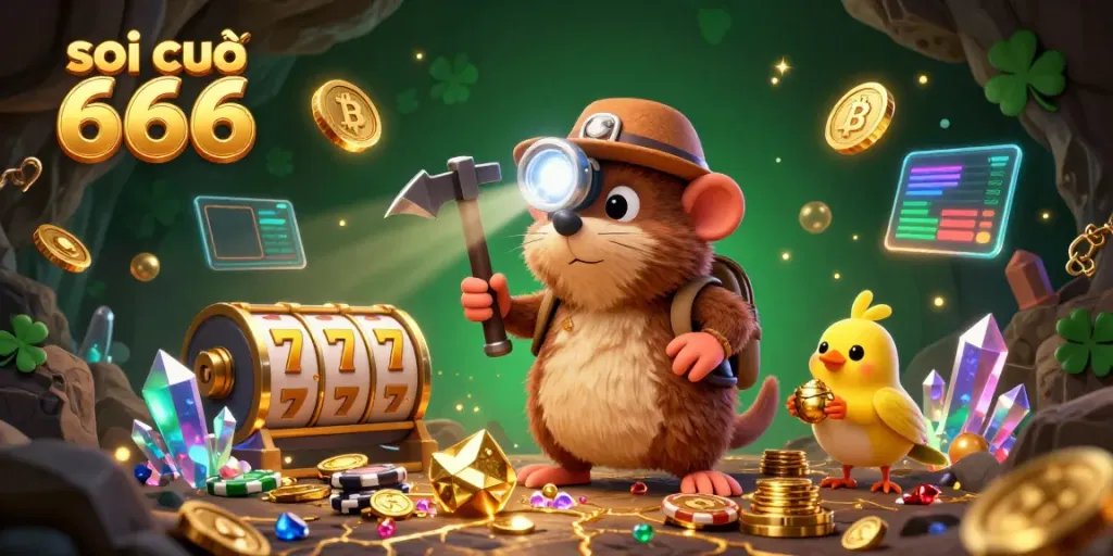 Soi cầu 666 illustration featuring a treasure hunter mole in a vibrant casino setting, mining for treasures while surrounded by exciting game elements.
