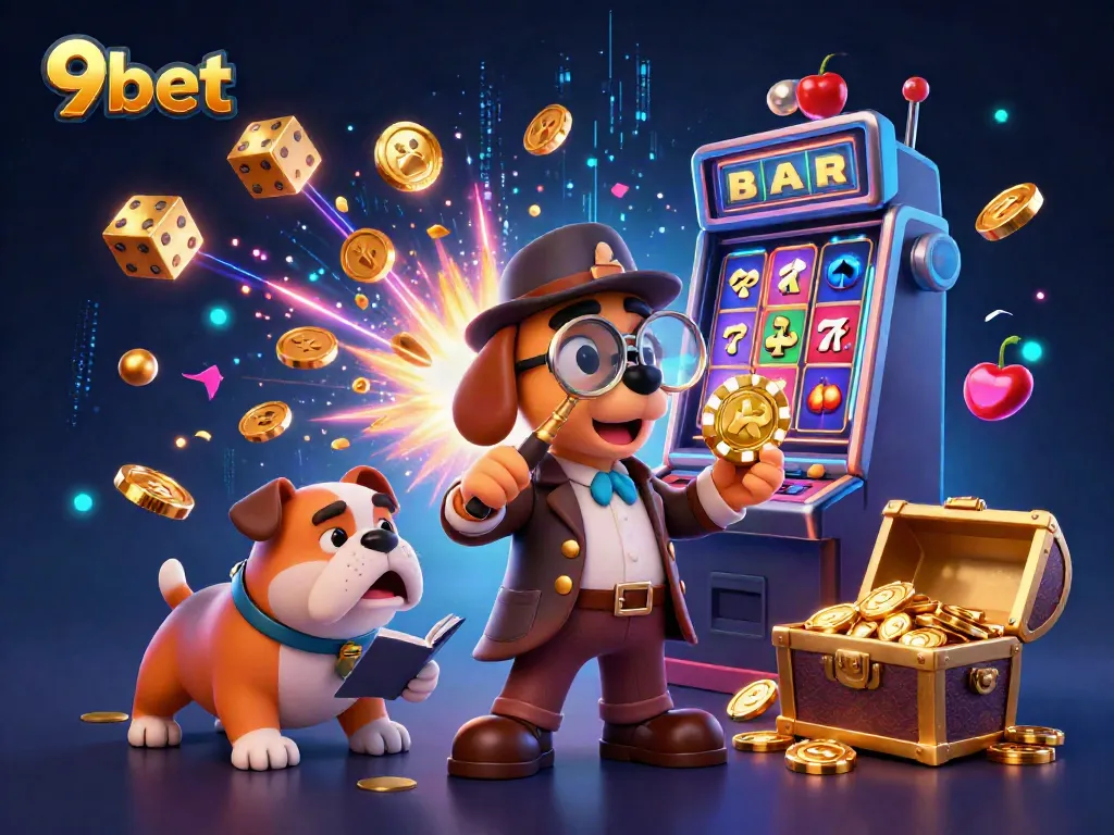 Engage with 9bet's thrilling casino scene featuring a detective examining poker clues amid explosive jackpots and dynamic gaming elements.