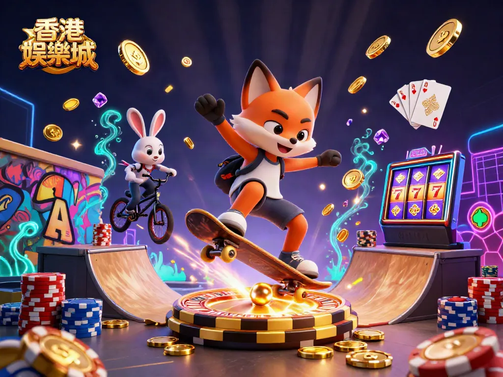 Experience thrilling action at 香港娛樂城 with a dynamic 3D scene showcasing a skateboarder fox and BMX rabbit surrounded by casino symbols and vibrant game elements.