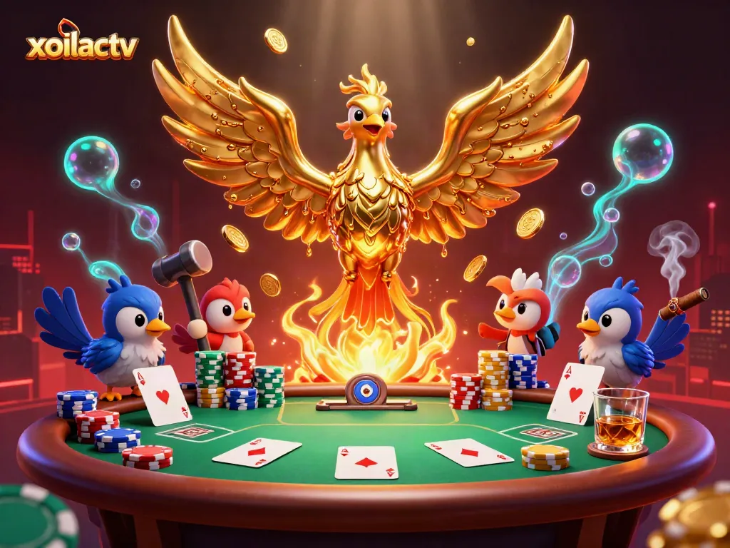 Xoilactv offers a dynamic scene with a molten golden phoenix, poker elements, and vibrant effects, symbolizing thrilling casino action.