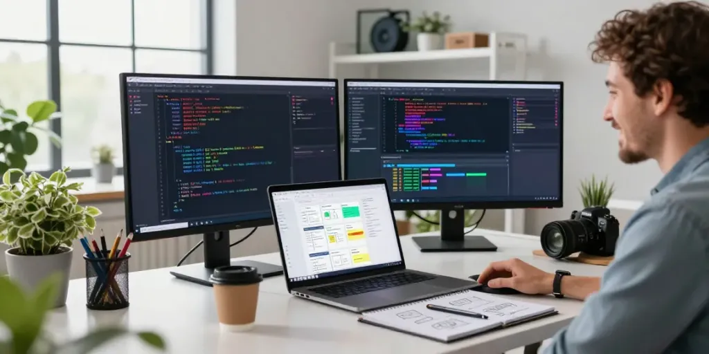 Web developer coding on multiple screens, showcasing pecah 404 error context in a bright modern office.