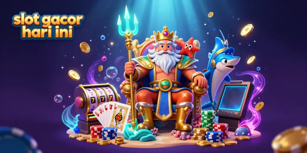 Engage with slot gacor hari ini in a vibrant underwater casino scene featuring Neptune and treasures.
