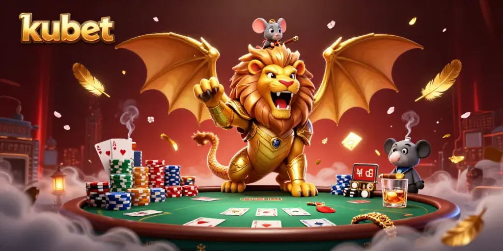 Experience excitement at kubet with a golden chimera and poker scene in this vibrant digital art.