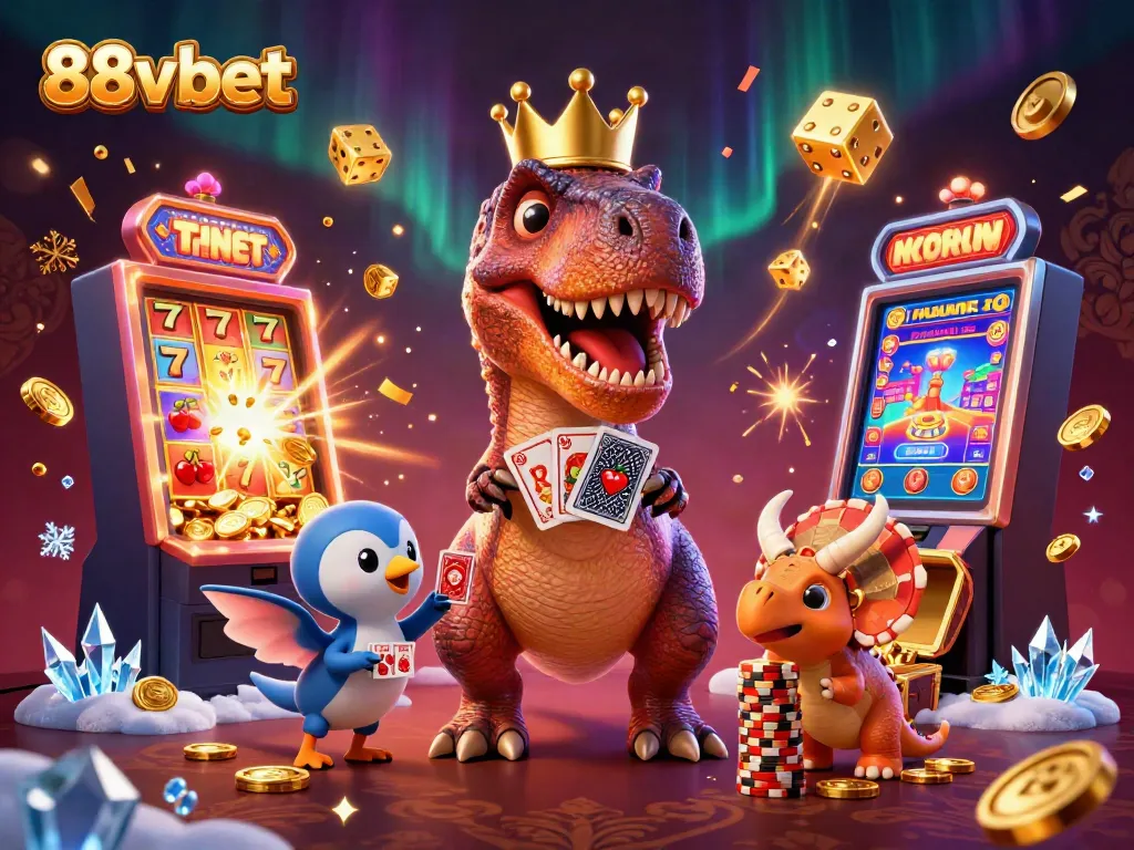 Experience thrilling moments with 88vbet as characters engage in lively casino games, showcasing a vibrant jackpot scene.