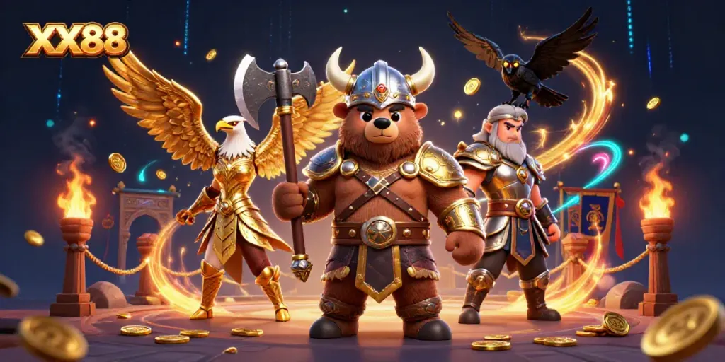 Witness the action of XX88 as a Viking berserker bear and Valkyrie eagle dominate a thrilling gaming arena.