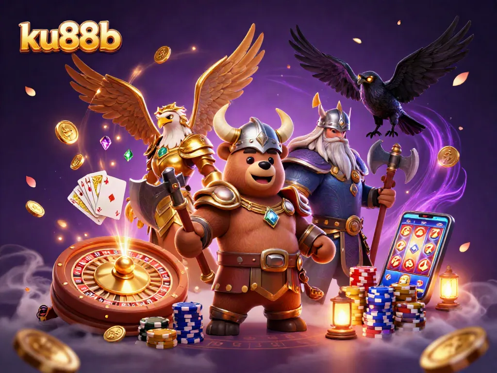 Join the excitement at ku88b with a dynamic scene of a Viking berserker bear and Valkyrie eagle amidst vibrant casino elements.