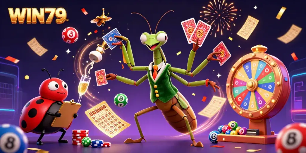 WIN79 celebrates gaming with a vibrant scene of a mantis card sharp, ladybug pit boss, and lottery elements.