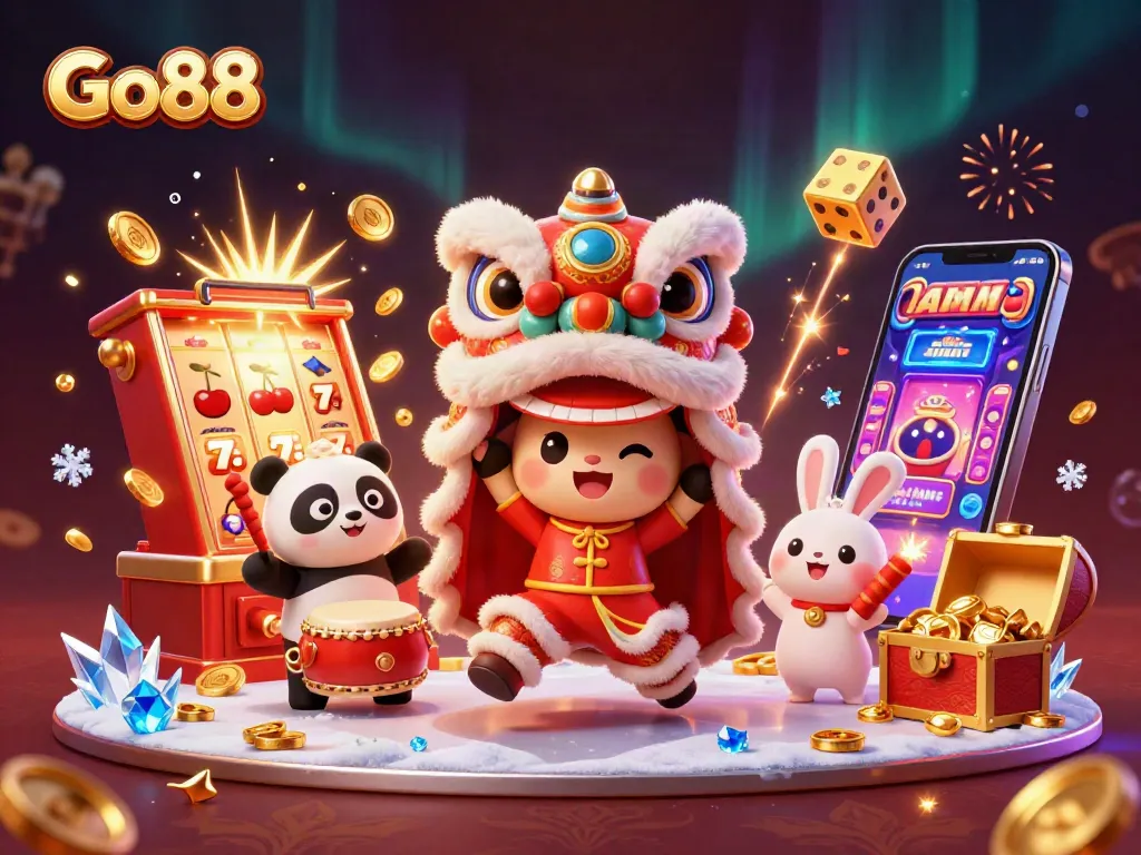 Experience excitement at Go88 with colorful characters and casino elements celebrating victories.