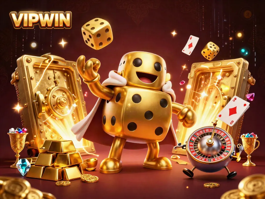 Engage in thrilling games at VIPWIN with golden dice golem juggling, surrounded by treasure.