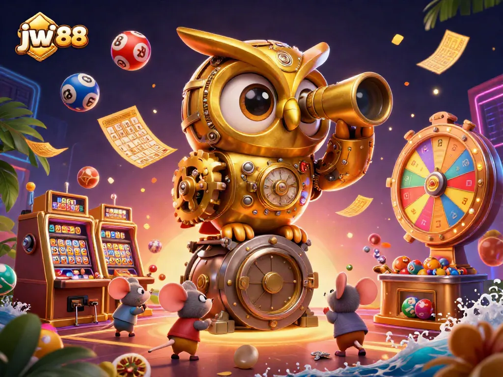 Engaging casino scene showcasing jw 88 with a golden owl, vibrant lottery elements, and dynamic action.