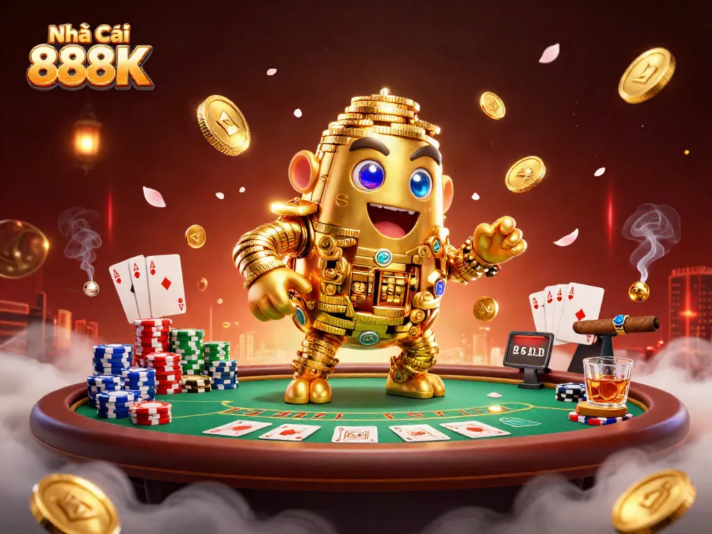 Engage with the dynamic gaming scene at Nhà Cái 888K, where golden golems and vibrant poker elements create excitement.