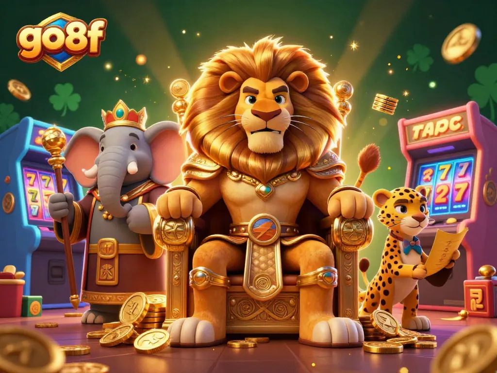 Engage in thrilling gameplay with go8f's majestic lion king, vibrant slots, and casino elements.