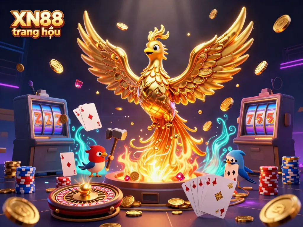 Experience the excitement of XN88 trang chủ with a vibrant, dynamic 3D casino scene featuring animated phoenix and sparkling game elements.