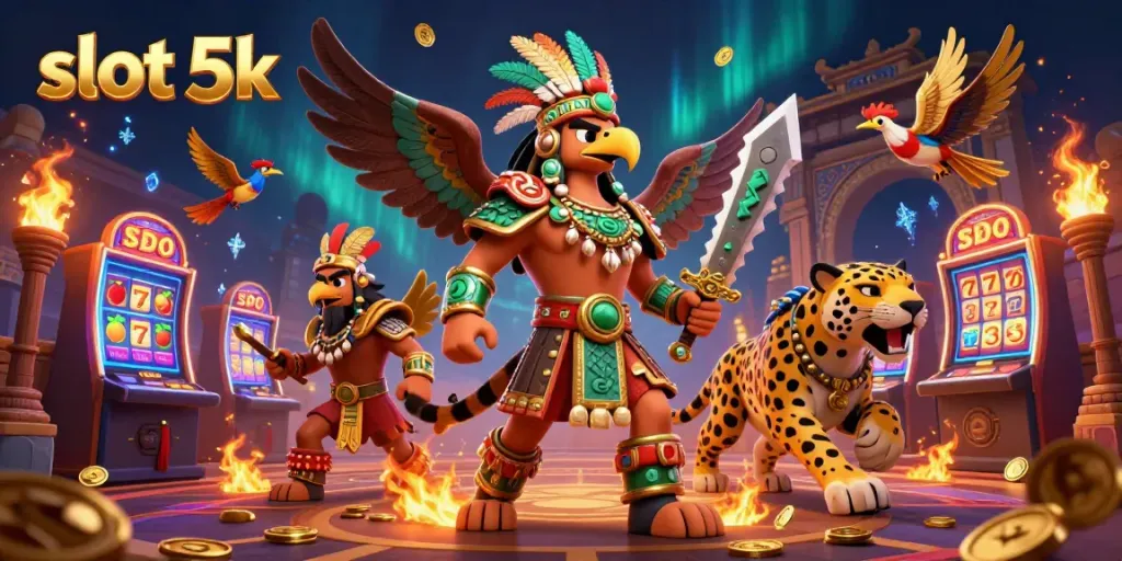 Engage with thrilling slot 5k action in a vibrant casino scene featuring Aztec warriors, lucky symbols, and high-stakes energy.