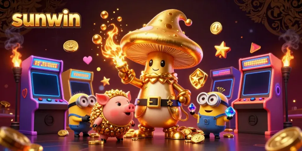 Experience the magic of sunwin with a mystical golden wizard and treasures in a vibrant casino world.